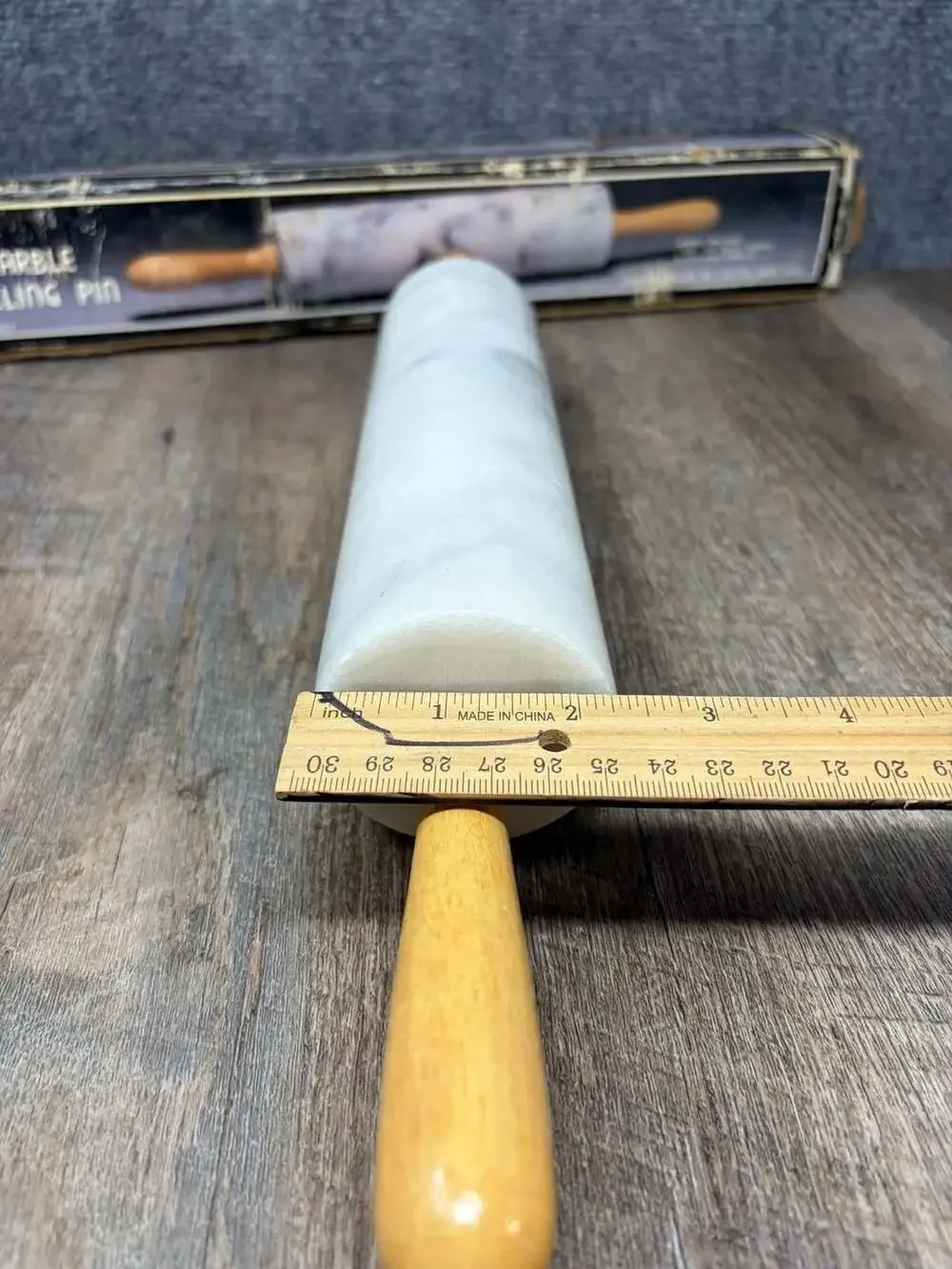 Vintage Chadwick-Miller white Marble Rolling Pin with Wooden Handles heavy 18”